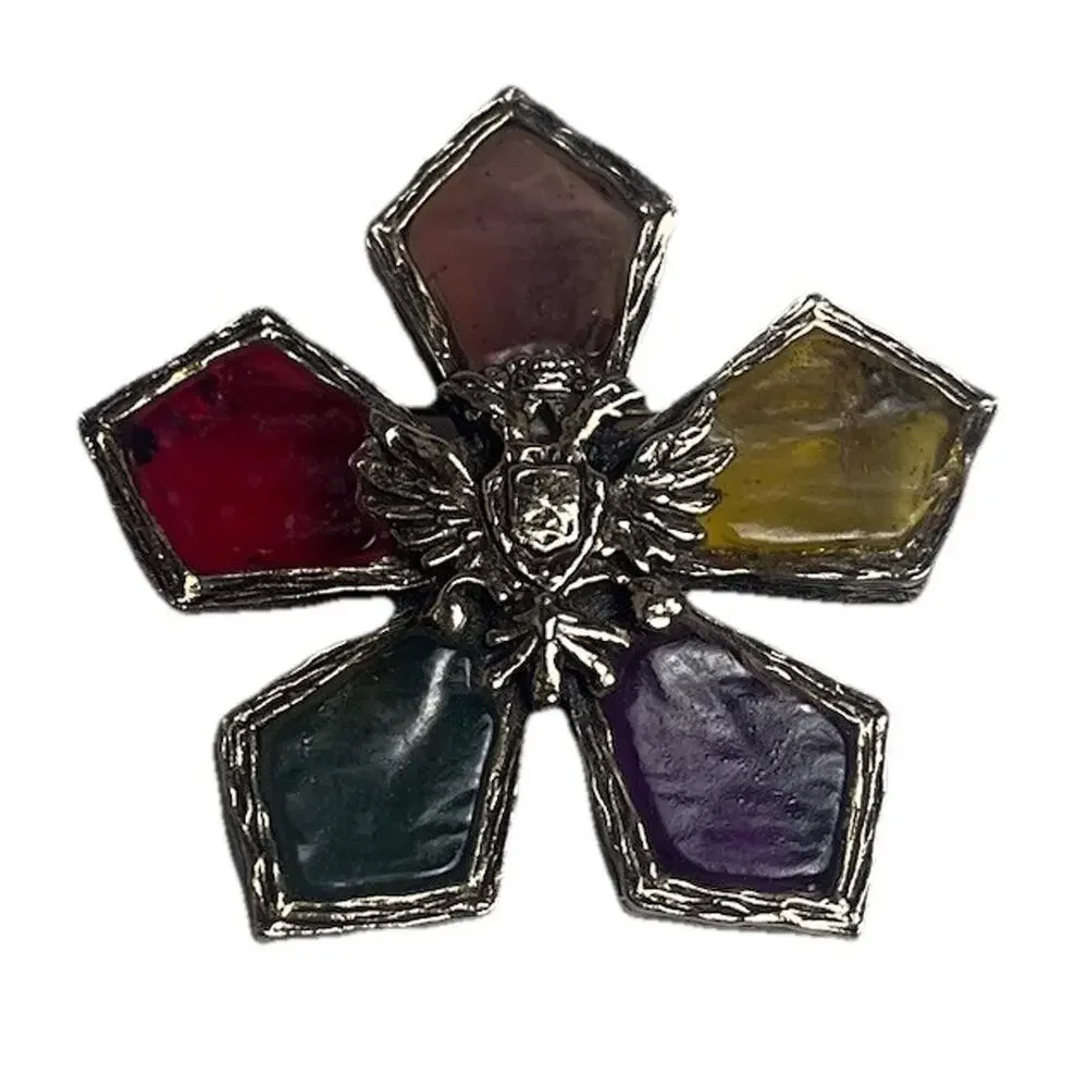 Vintage Coro Venetian Glow Stained Glass Resin Griffin Brooch Heraldic Star